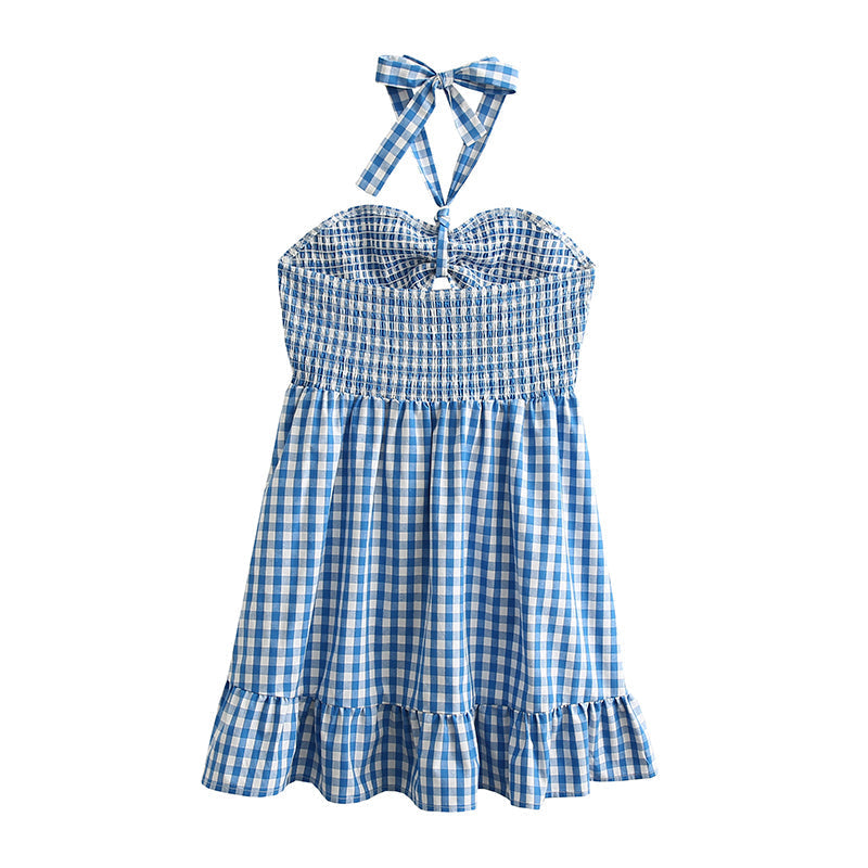 Short Spring Plaid Hollow Out Cutout Backless Strap Dress Tiered Dress Bella Mia