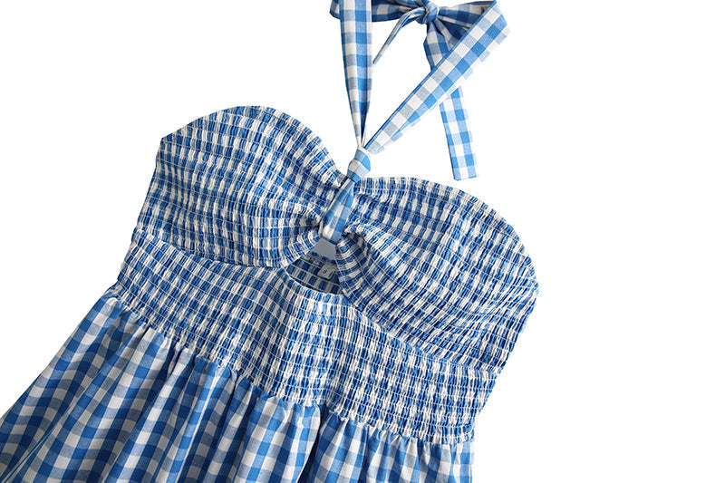 Short Spring Plaid Hollow Out Cutout Backless Strap Dress Tiered Dress Bella Mia