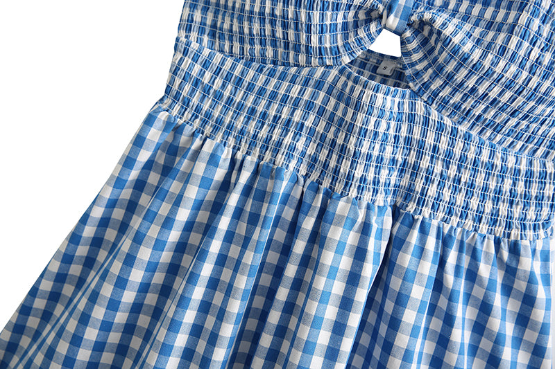 Short Spring Plaid Hollow Out Cutout Backless Strap Dress Tiered Dress Bella Mia