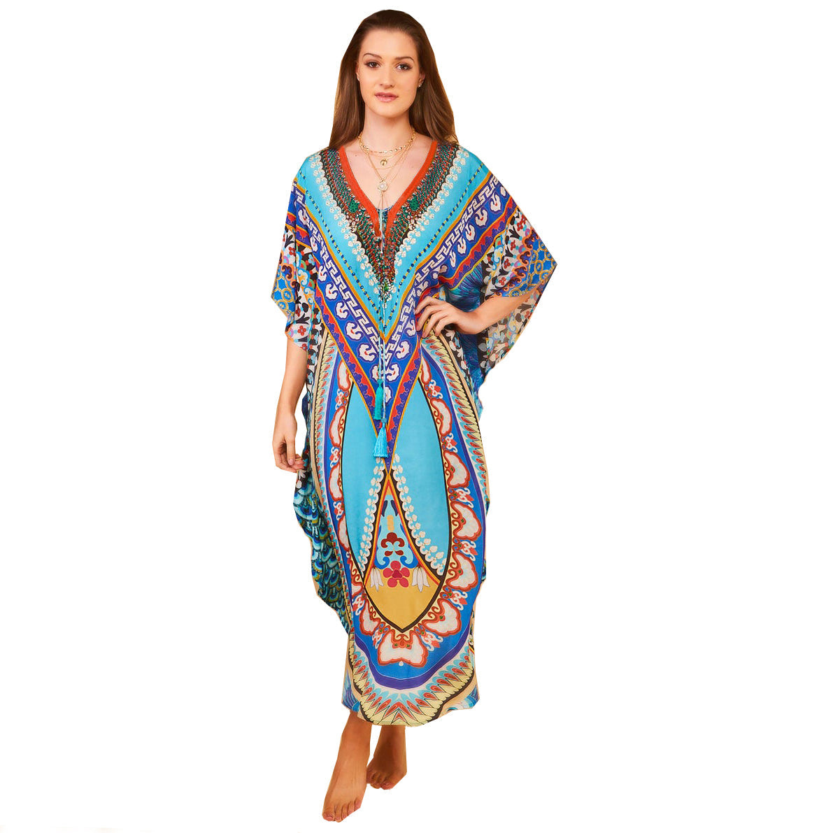 Rayon Positioning Printing Arc Hem Robe Vacation Casual Beach Bikini Sun Protection Blouse Bella Mia