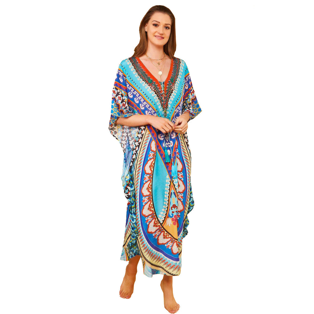 Rayon Positioning Printing Arc Hem Robe Vacation Casual Beach Bikini Sun Protection Blouse Bella Mia