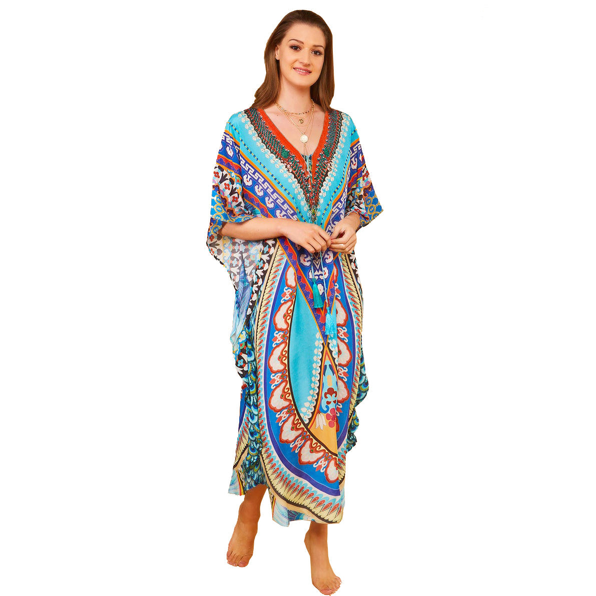 Rayon Positioning Printing Arc Hem Robe Vacation Casual Beach Bikini Sun Protection Blouse Bella Mia