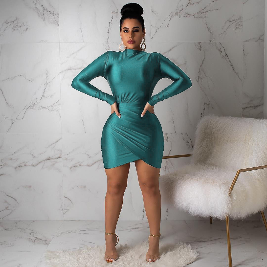Slim Fit Sheath Fitted Waist Pleated Long Sleeve Dress Nightclub Bella Mia