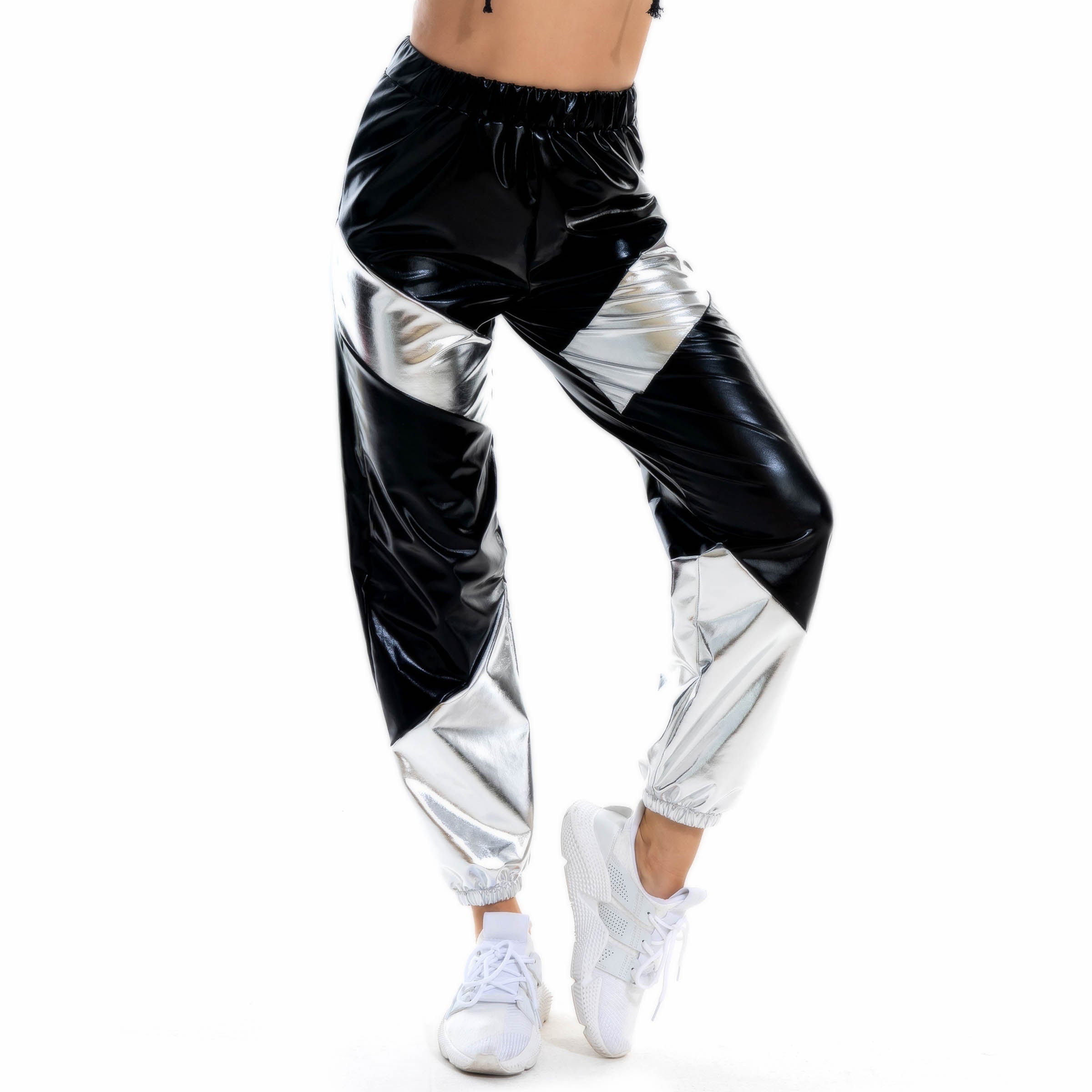 Contrast Color Trousers Women Bronzing Patent Leather Colorful Laser Pocket Loose Women Pants Bella Mia