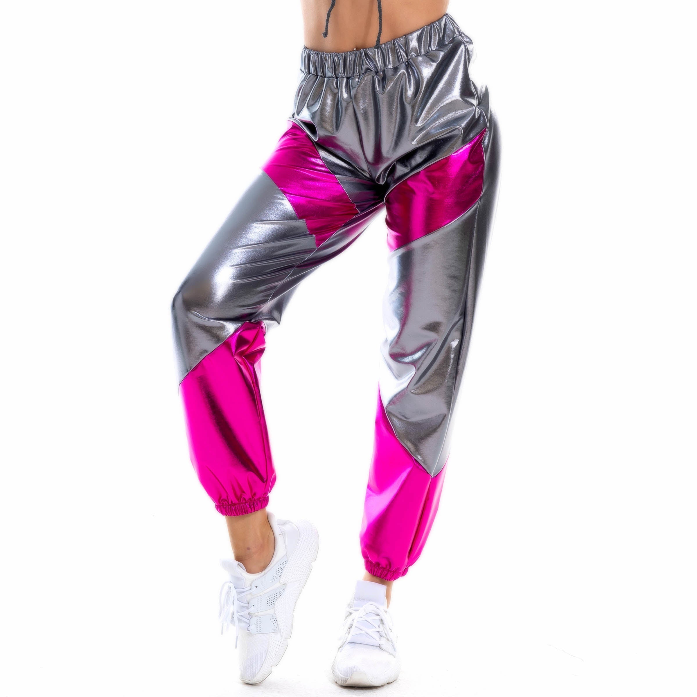 Contrast Color Trousers Women Bronzing Patent Leather Colorful Laser Pocket Loose Women Pants Bella Mia