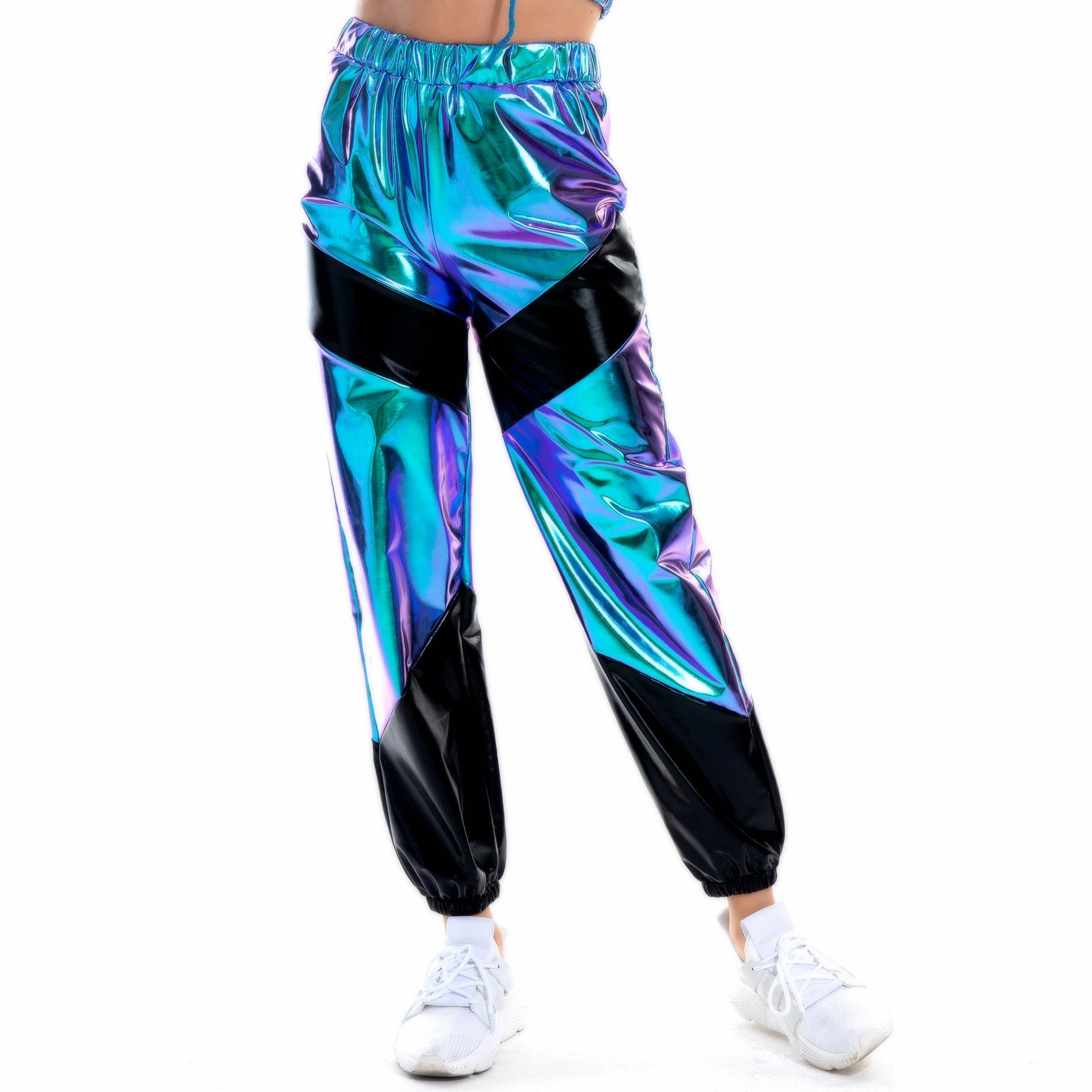 Contrast Color Trousers Women Bronzing Patent Leather Colorful Laser Pocket Loose Women Pants Bella Mia