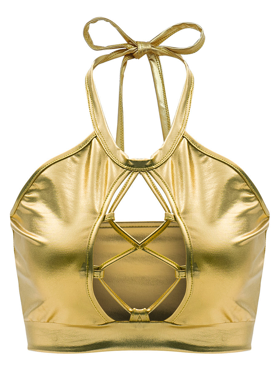 Summer Sexy Slim Fit Halter Spaghetti Straps Vest Strap Hollow Out Cutout out Bright Leather Women Clothing Bella Mia