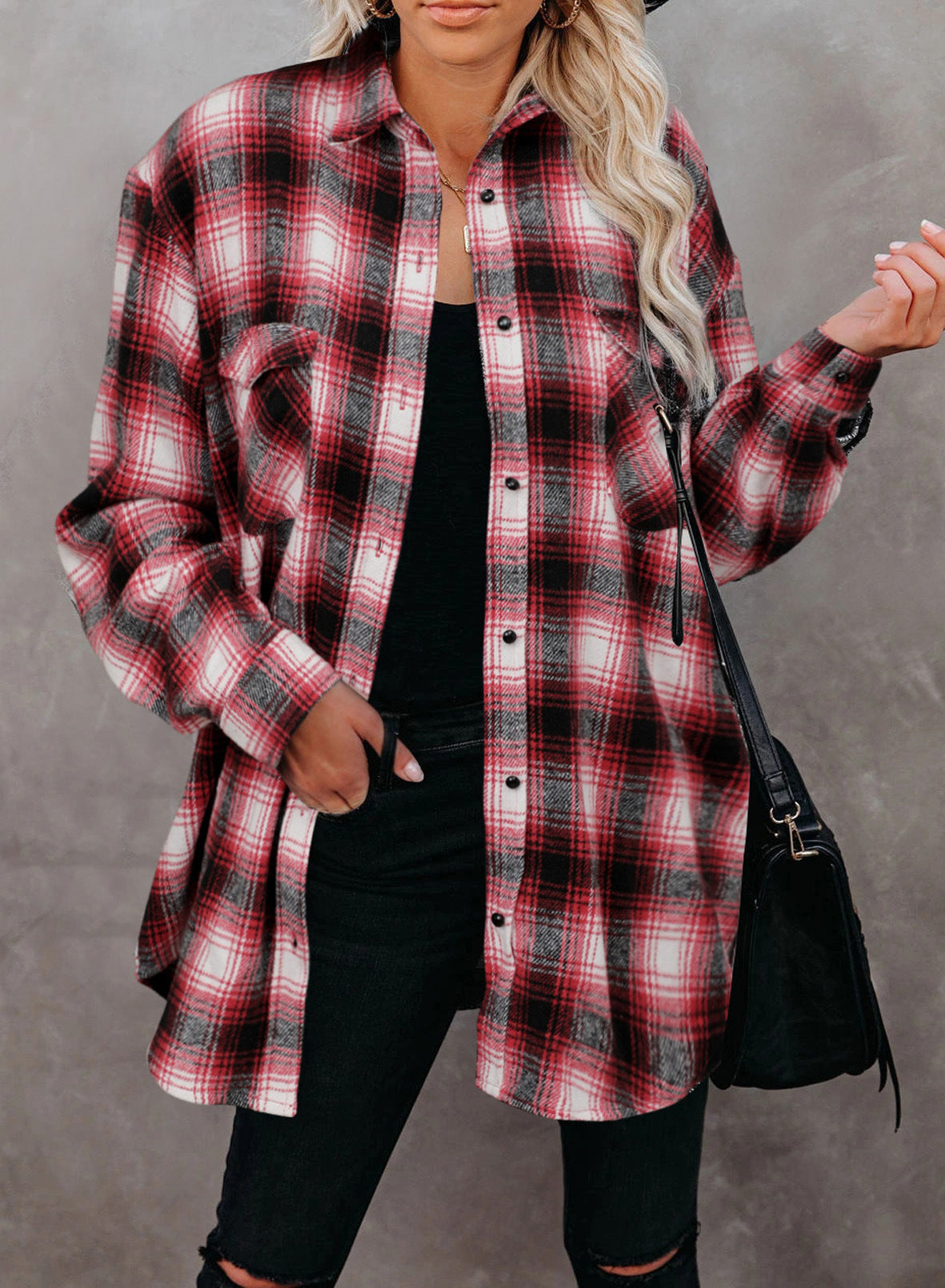 Women Clothing Autumn Winter Plaid Shirt Mid-Length Loose Lapels Cardigan Shirt Bella Mia