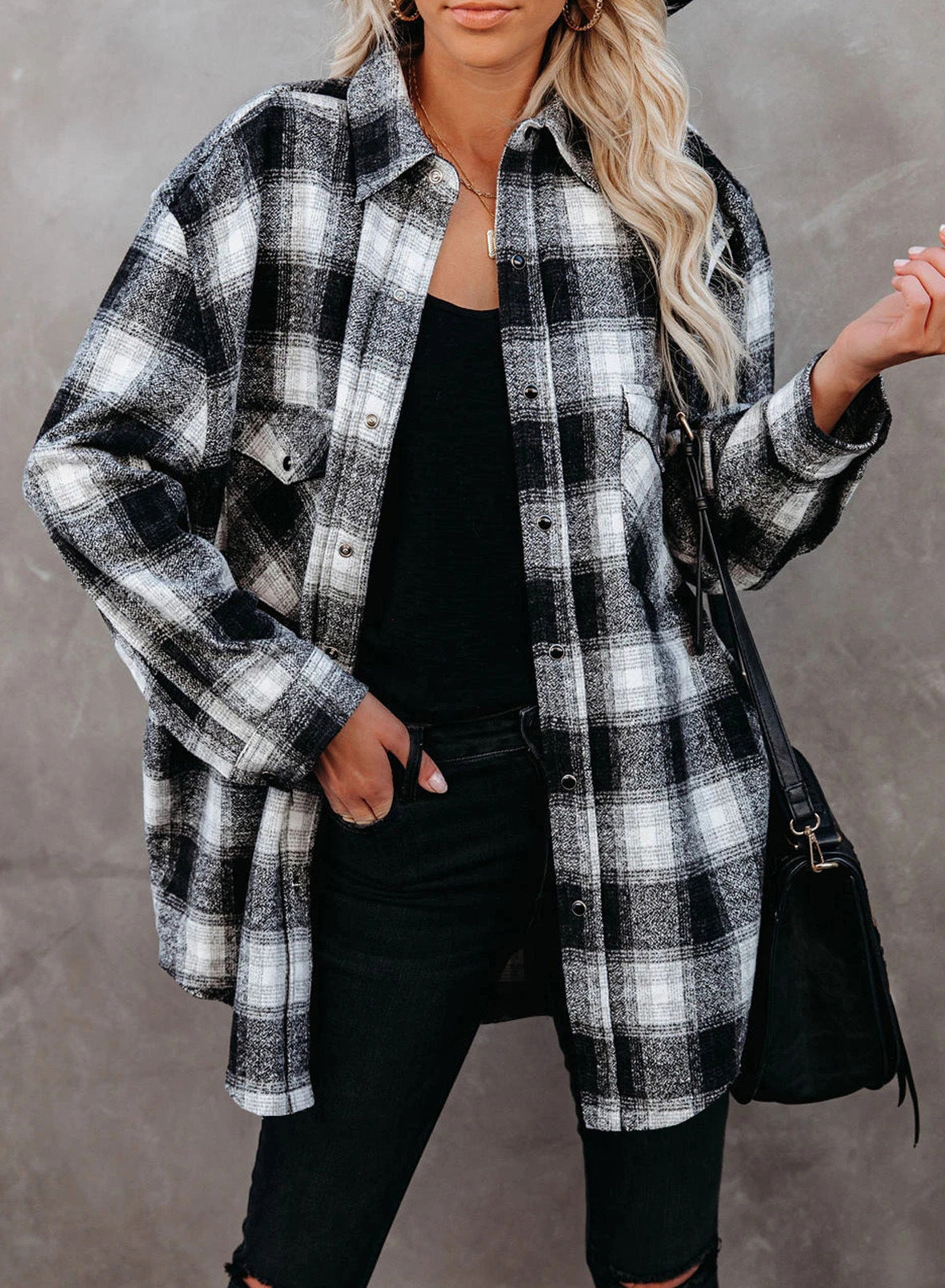 Women Clothing Autumn Winter Plaid Shirt Mid-Length Loose Lapels Cardigan Shirt Bella Mia