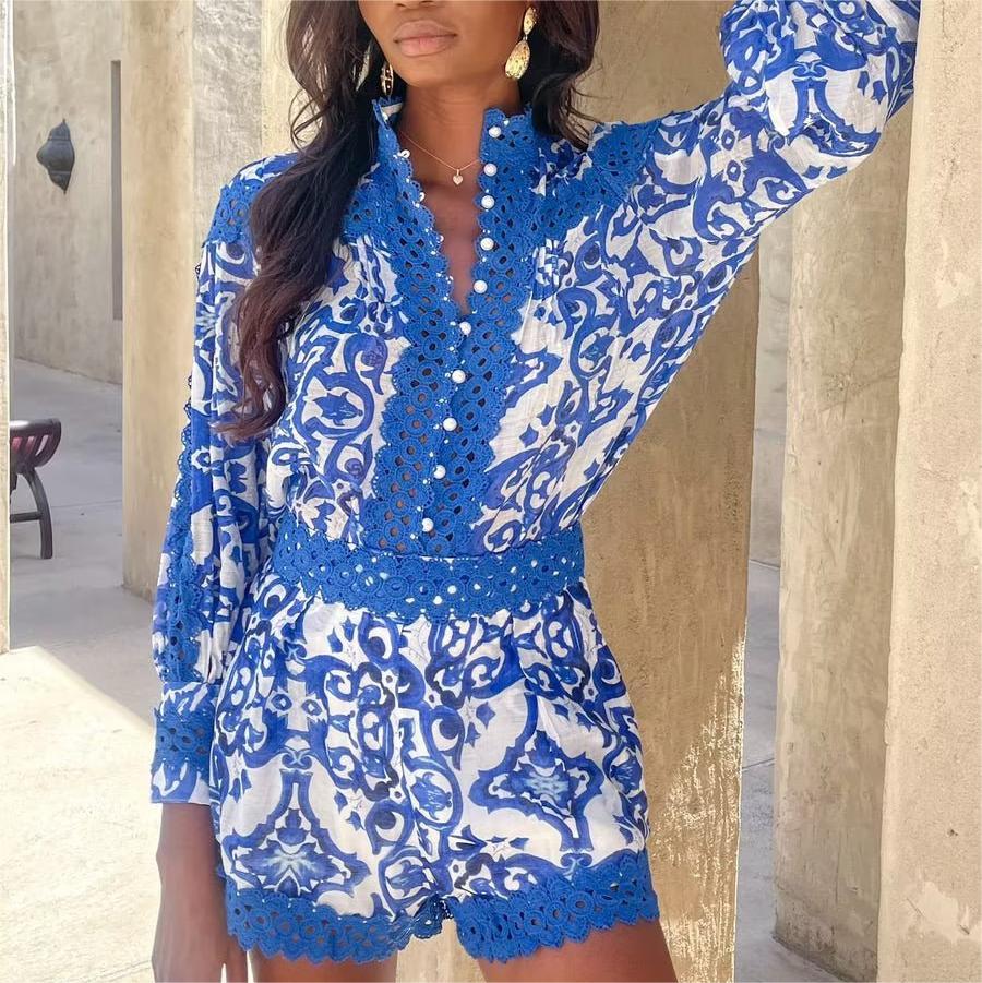 Summer Women Clothing Retro Blue Positioning Printing Casual Shirt for Women Bella Mia