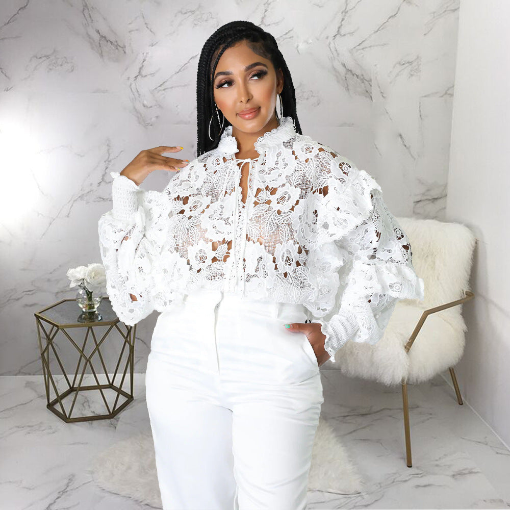 Women Hollow Out Cutout out Flounce Trim Lace up Cardigan Lantern Sleeve Bella Mia