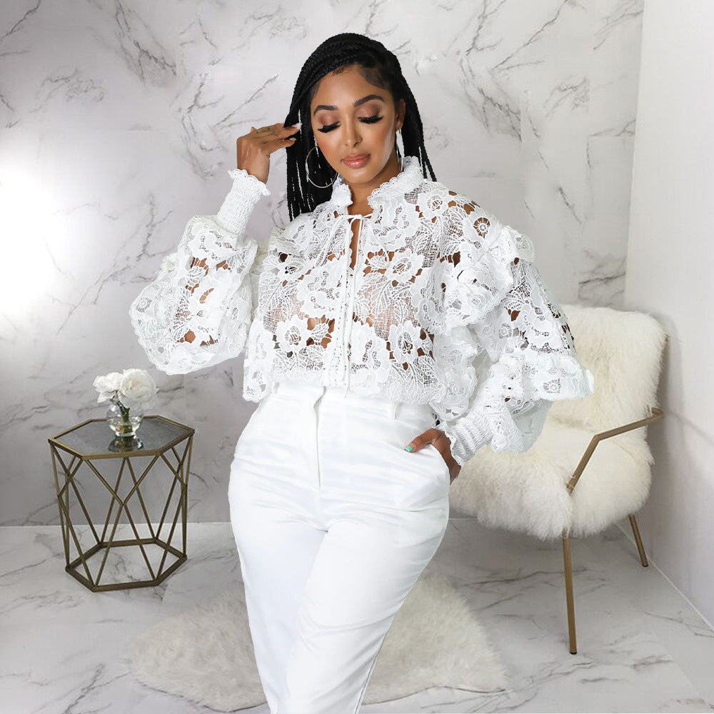 Women Hollow Out Cutout out Flounce Trim Lace up Cardigan Lantern Sleeve Bella Mia