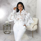 Women Hollow Out Cutout out Flounce Trim Lace up Cardigan Lantern Sleeve Bella Mia