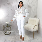 Women Hollow Out Cutout out Flounce Trim Lace up Cardigan Lantern Sleeve Bella Mia