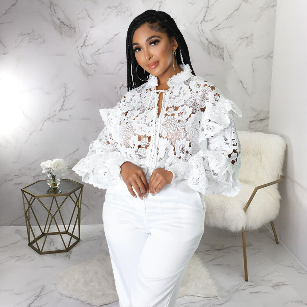 Women Hollow Out Cutout out Flounce Trim Lace up Cardigan Lantern Sleeve Bella Mia