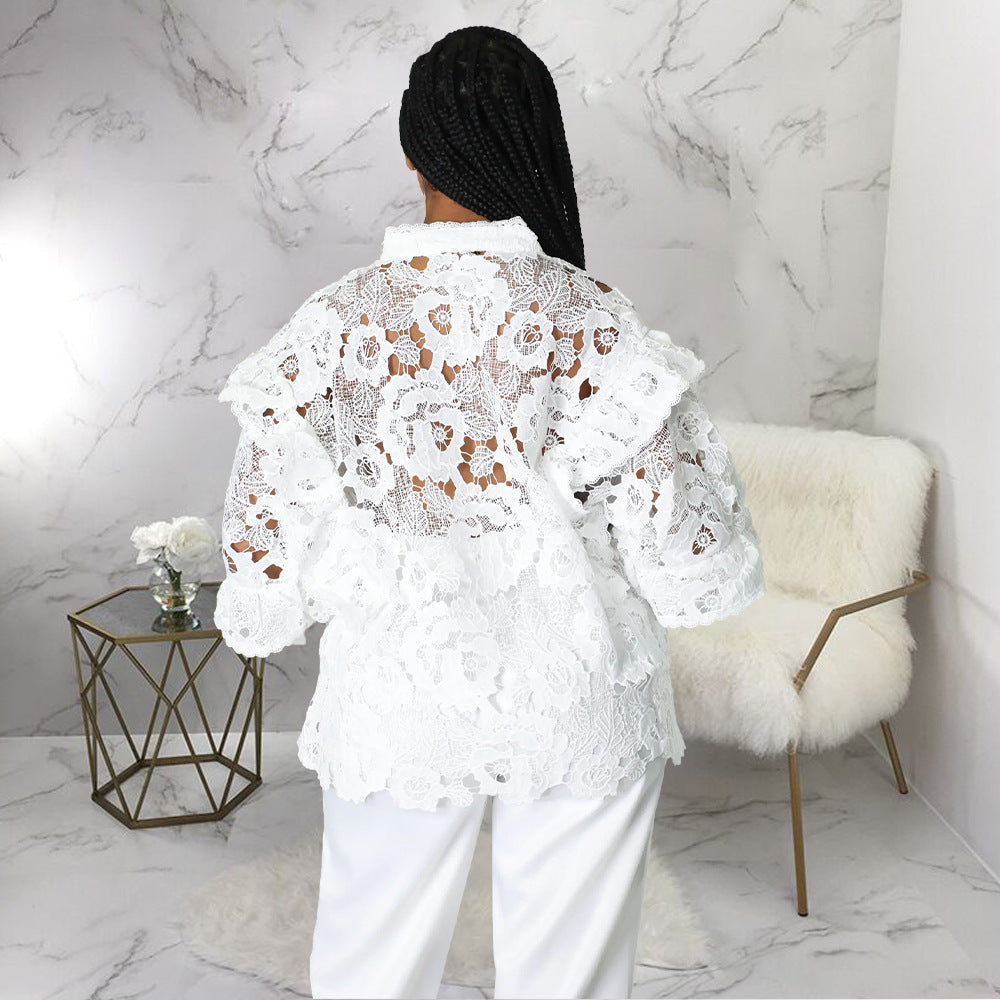 Women Hollow Out Cutout out Flounce Trim Lace up Cardigan Lantern Sleeve Bella Mia