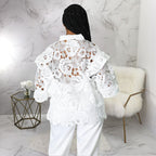 Women Hollow Out Cutout out Flounce Trim Lace up Cardigan Lantern Sleeve Bella Mia