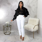 Women Hollow Out Cutout out Flounce Trim Lace up Cardigan Lantern Sleeve Bella Mia