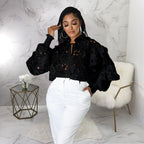 Women Hollow Out Cutout out Flounce Trim Lace up Cardigan Lantern Sleeve Bella Mia