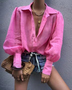 For Polo Collar Solid Color Single-Breasted Lantern Sleeve Cotton Long-Sleeved Shirt For Women Bella Mia