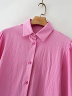 For Polo Collar Solid Color Single-Breasted Lantern Sleeve Cotton Long-Sleeved Shirt For Women Bella Mia