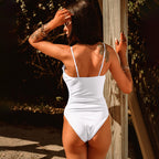 Summer One Piece Swimsuit Solid Color Women Sling Conservative Flounce Trim Lace up Waist Tight Triangle Swimsuit Women Bella Mia