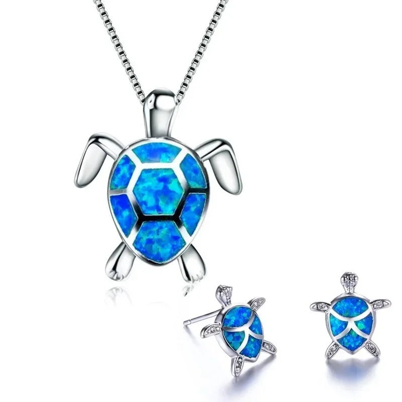 Classic Cute Sea Turtle Necklace Earrings Trendy Animal Fire Opal Stud Earring For Women Boho Summer Beach Set  Custom Jewelry