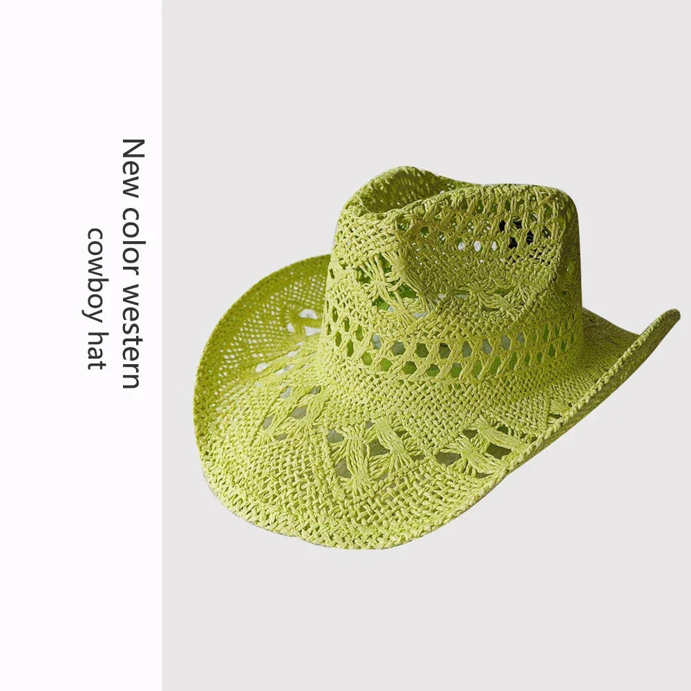 Melesh Western Women's Mint Green Cowboy Hat Straw Cowboy Hat Plasticity Strong Wide Brim Sunshine Beach Western Cowboy Hat
