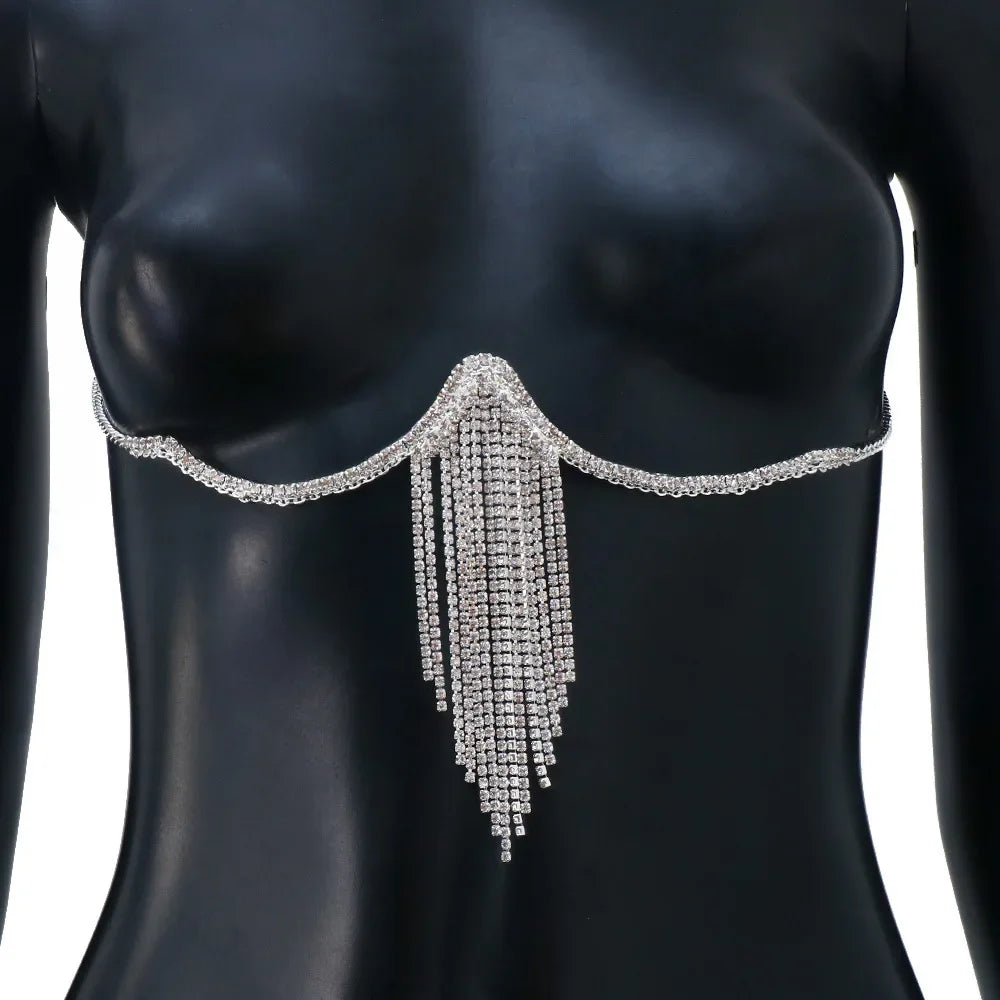 Sexy Crystal Tassel Chest Brace Chain Body Jewelry Fashion Women Bikini Top Lingerie Bra Chain Free Shipping Luxlife Brands