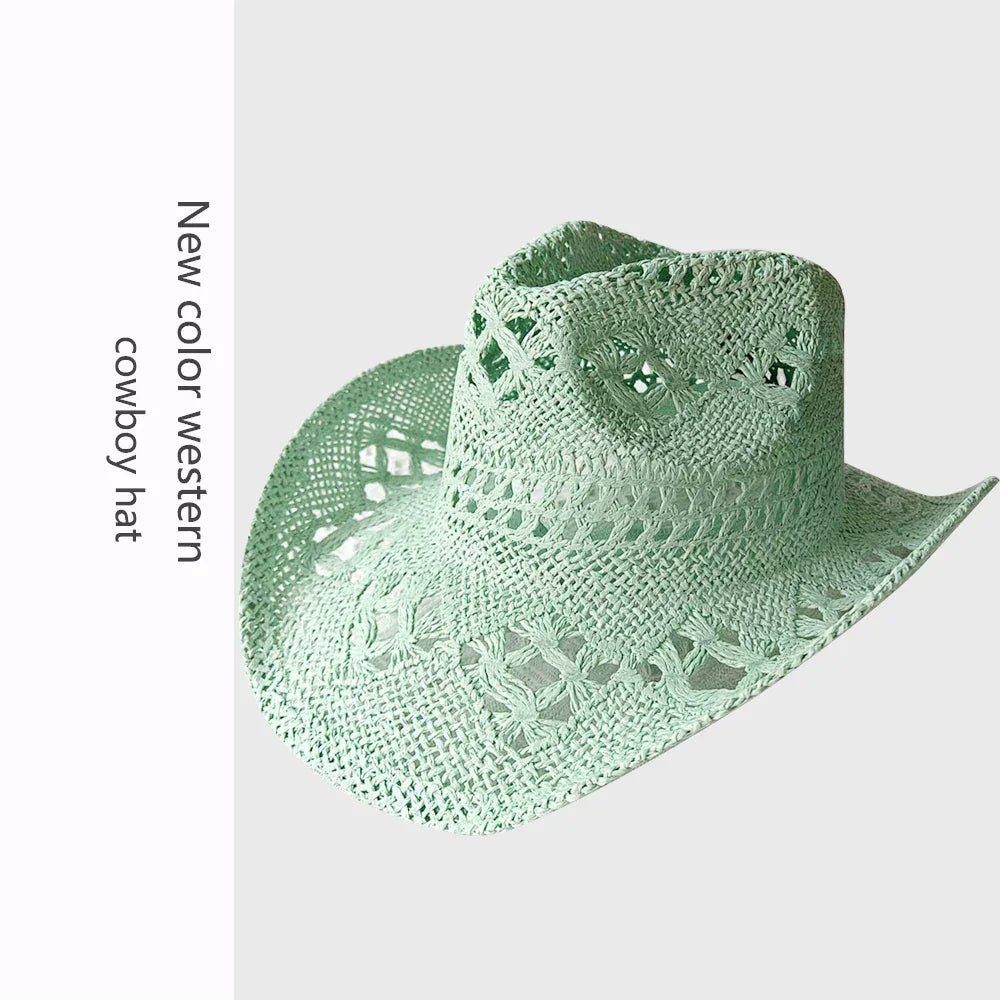 Melesh Western Women's Mint Green Cowboy Hat Straw Cowboy Hat Plasticity Strong Wide Brim Sunshine Beach Western Cowboy Hat