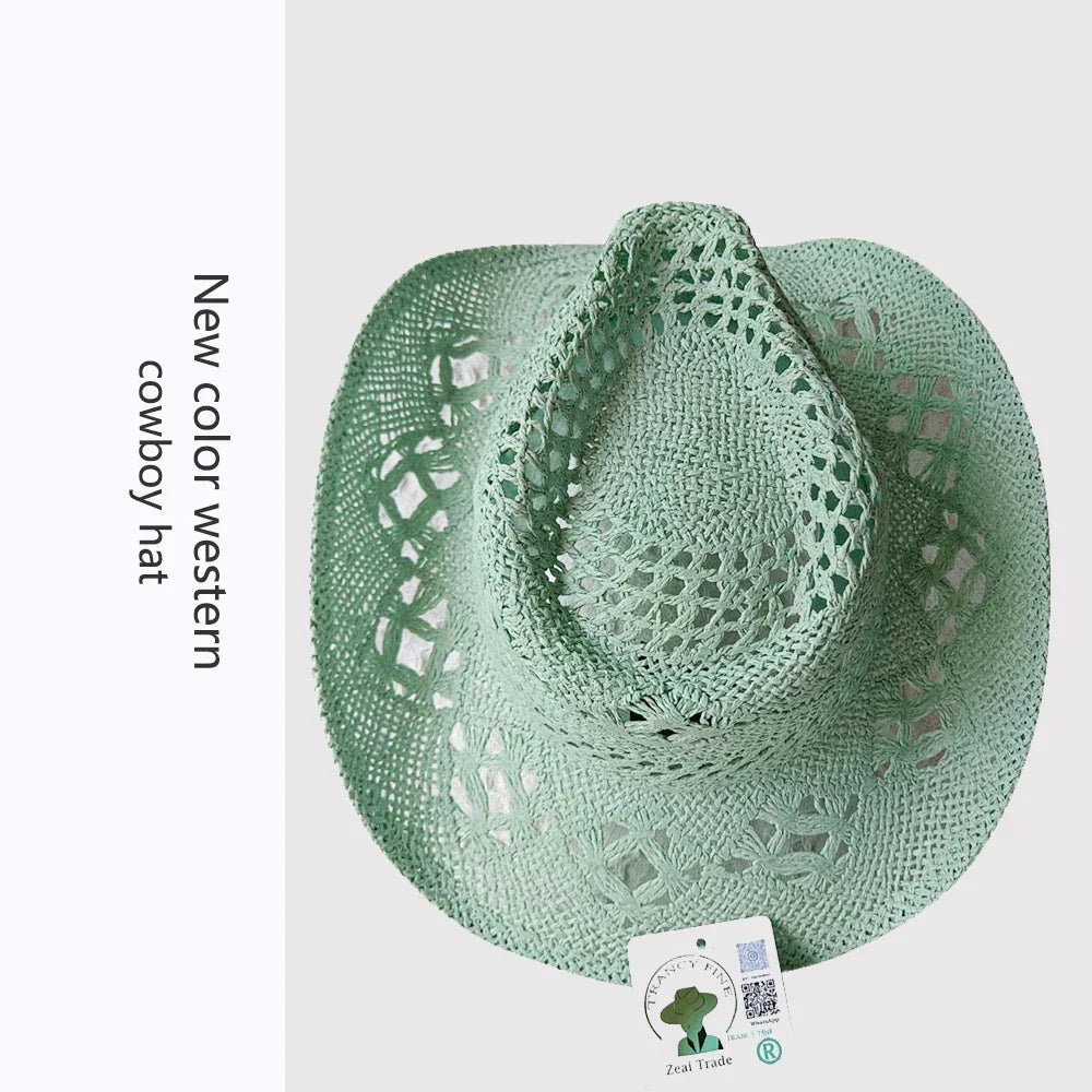Melesh Western Women's Mint Green Cowboy Hat Straw Cowboy Hat Plasticity Strong Wide Brim Sunshine Beach Western Cowboy Hat