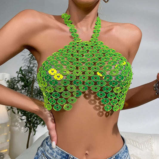 Glitter Women Acrylic Halter Crop Tops Backless Handmade Cami Sleeveless Crochet Green Color Vest Summer Beach Wear LUXLIFE BRANDS
