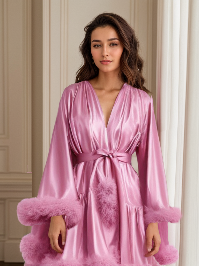 Short Satin Feather Robe – Holiday Photoshoot, Christmas Gift, Glam Party Outfit SelenaHuanStudio