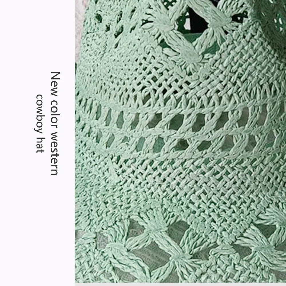 Melesh Western Women's Mint Green Cowboy Hat Straw Cowboy Hat Plasticity Strong Wide Brim Sunshine Beach Western Cowboy Hat