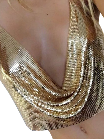 Women's Metal Sequins Camisoles Sexy Backless Chain Halter Crop Tops Party Dance Club Wear Lady Ruched Deep V Tops Streetwear