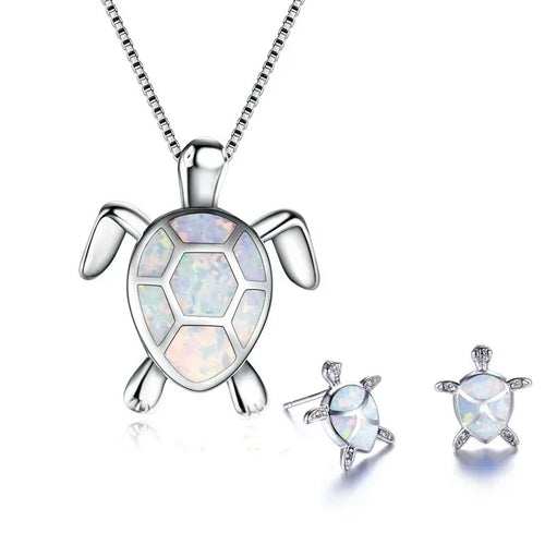 Classic Cute Sea Turtle Necklace Earrings Trendy Animal Fire Opal Stud Earring For Women Boho Summer Beach Set  Custom Jewelry