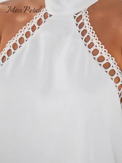 White Lace Trim Halter Mini Dress For Women Sexy Backless Sleeveless Holiday Beach A-line Dress 2023 Summer Female Dress