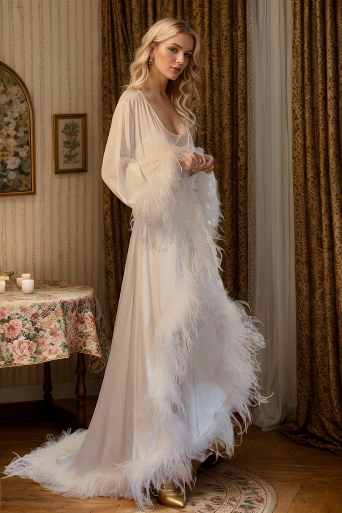 Luxury Ostrich Feather Satin Bridal Robe – White/Ivory Train, Holiday Photoshoot Gift SelenaHuanStudio