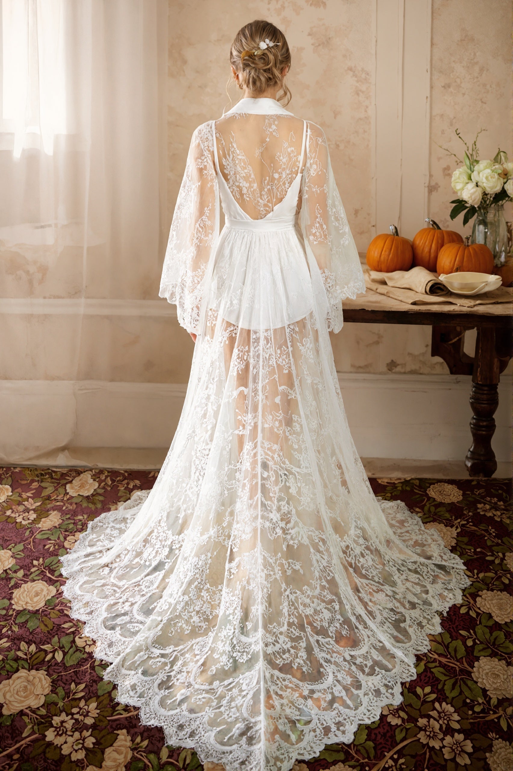 Chantilly Floral Lace Long Robe Set with Train - Next Day Shipping SelenaHuanStudio