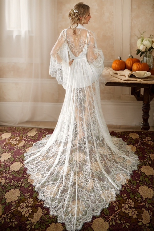 Chantilly Floral Lace Long Robe Set with Train - Next Day Shipping