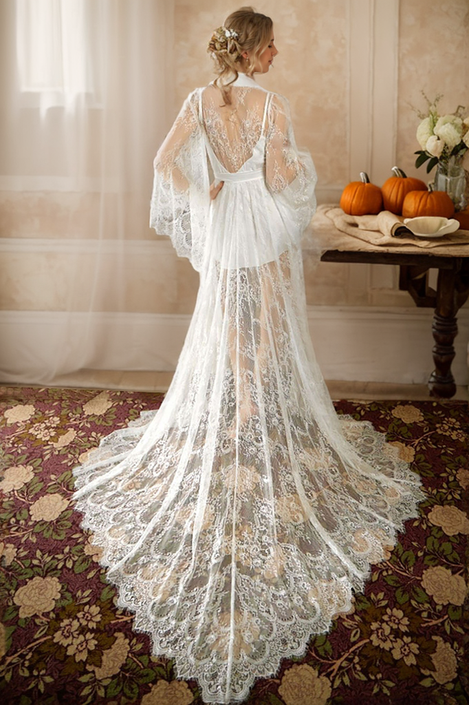 Chantilly Floral Lace Long Robe Set with Train - Next Day Shipping SelenaHuanStudio
