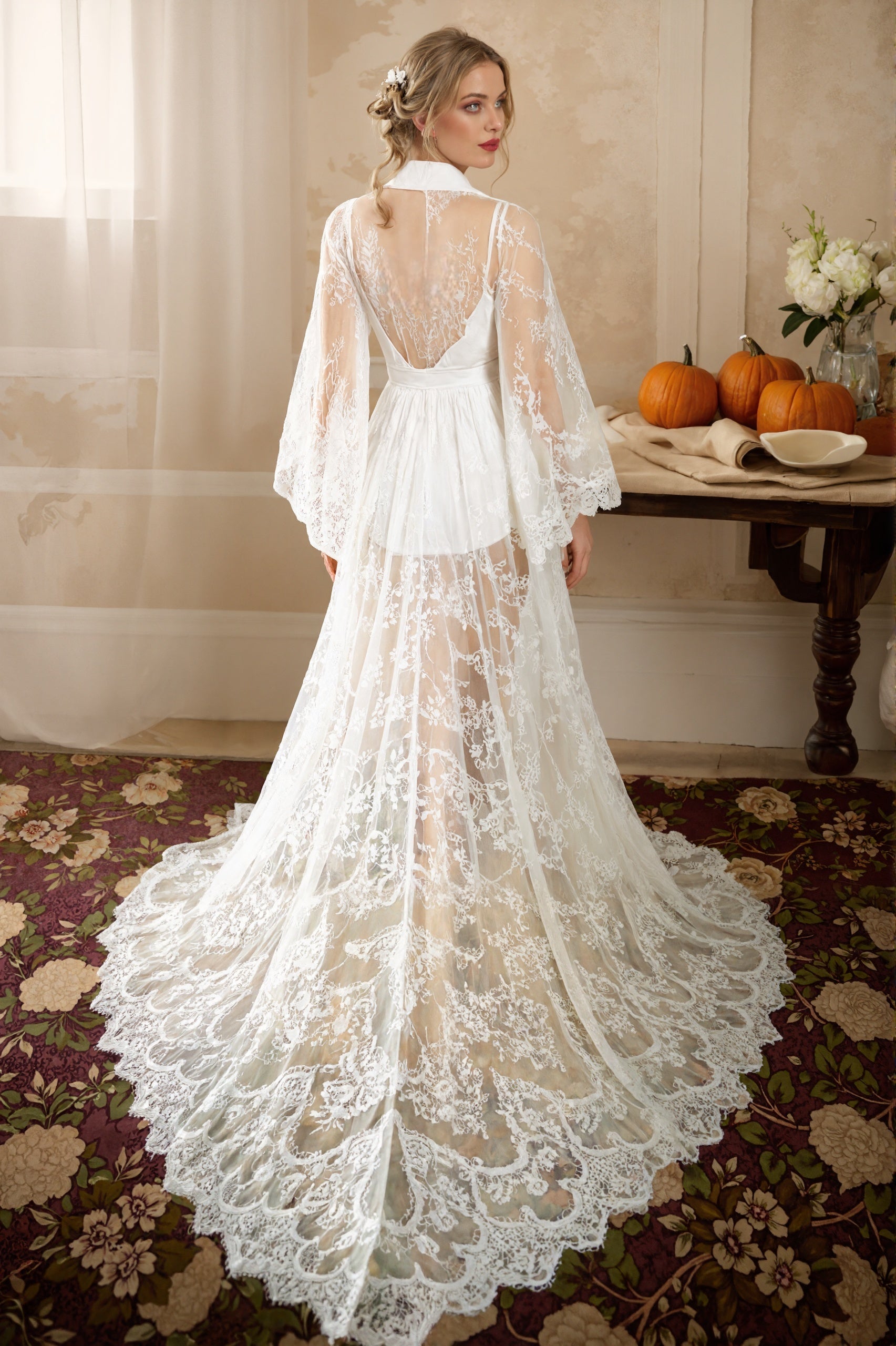 Chantilly Floral Lace Long Robe Set with Train - Next Day Shipping SelenaHuanStudio