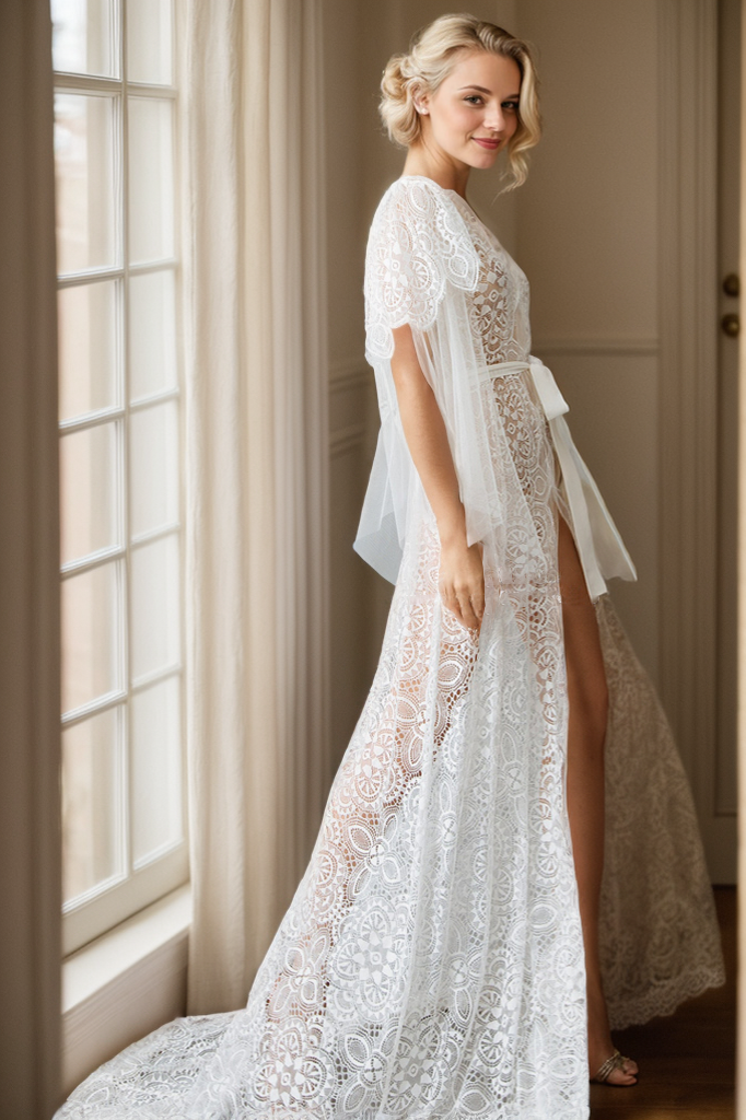 Chantilly Floral Lace Tulle Mesh Long Bridal Robe with Train SelenaHuanStudio