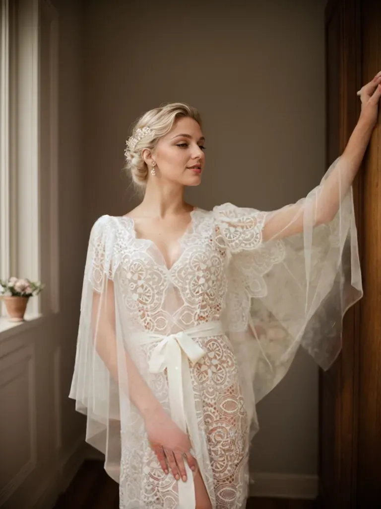 Chantilly Floral Lace Tulle Mesh Long Bridal Robe with Train SelenaHuanStudio