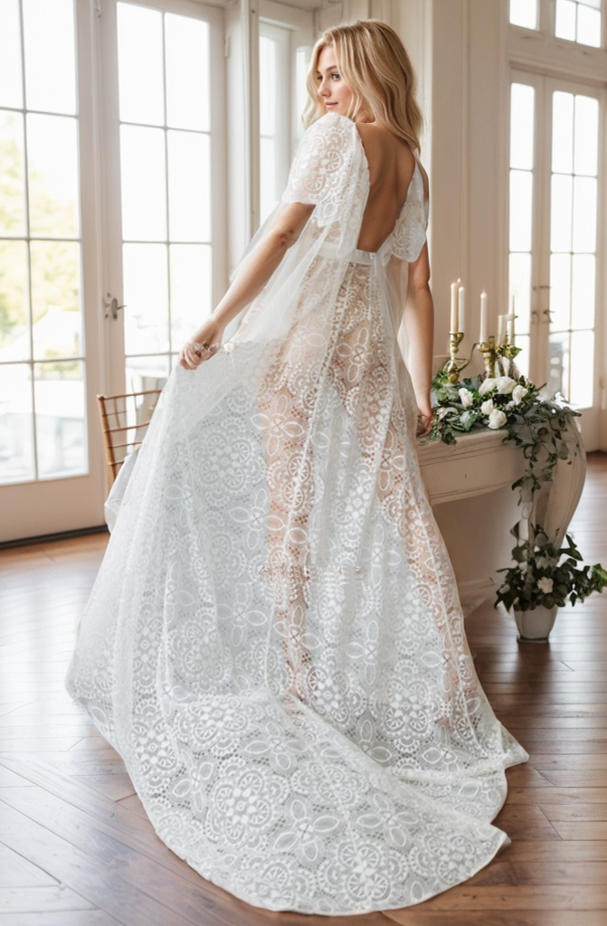 Chantilly Floral Lace Tulle Mesh Long Bridal Robe with Train SelenaHuanStudio