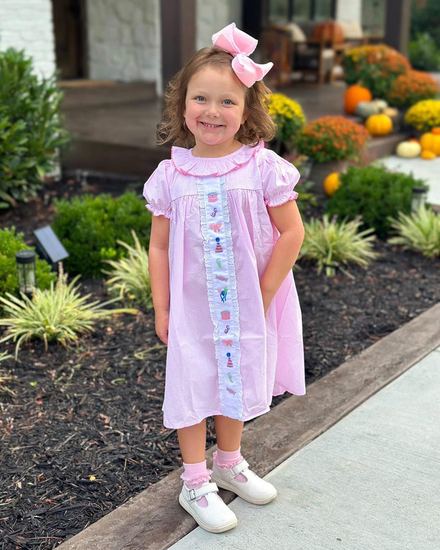 Party Time Hand Embroidered Pink Gingham Dress Smockingbird