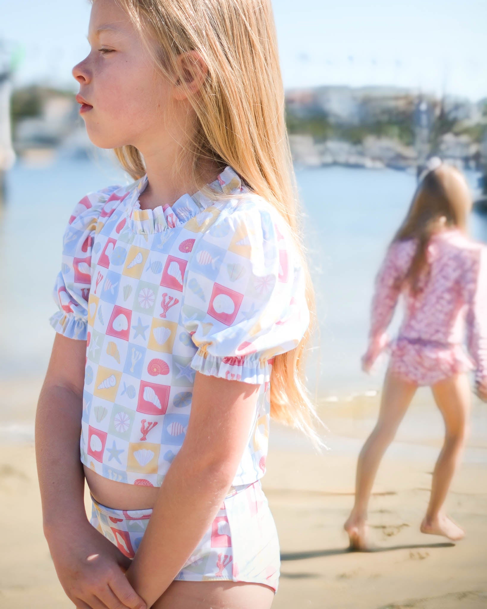 Coastal Stamps in Pastel Puff Sleeve Tankini- FINAL SALE