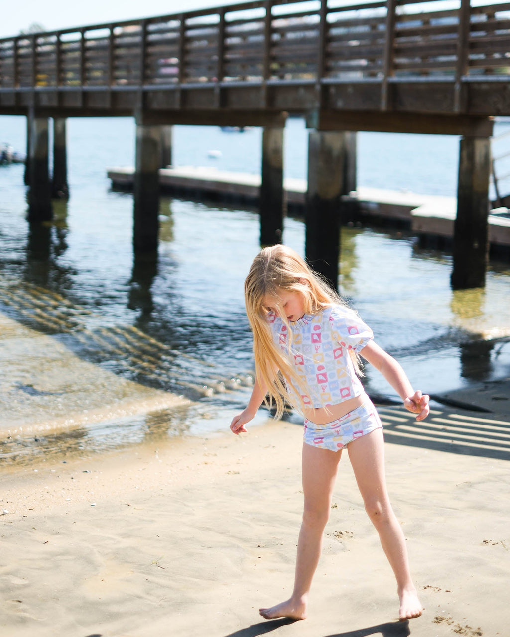 Coastal Stamps in Pastel Puff Sleeve Tankini- FINAL SALE