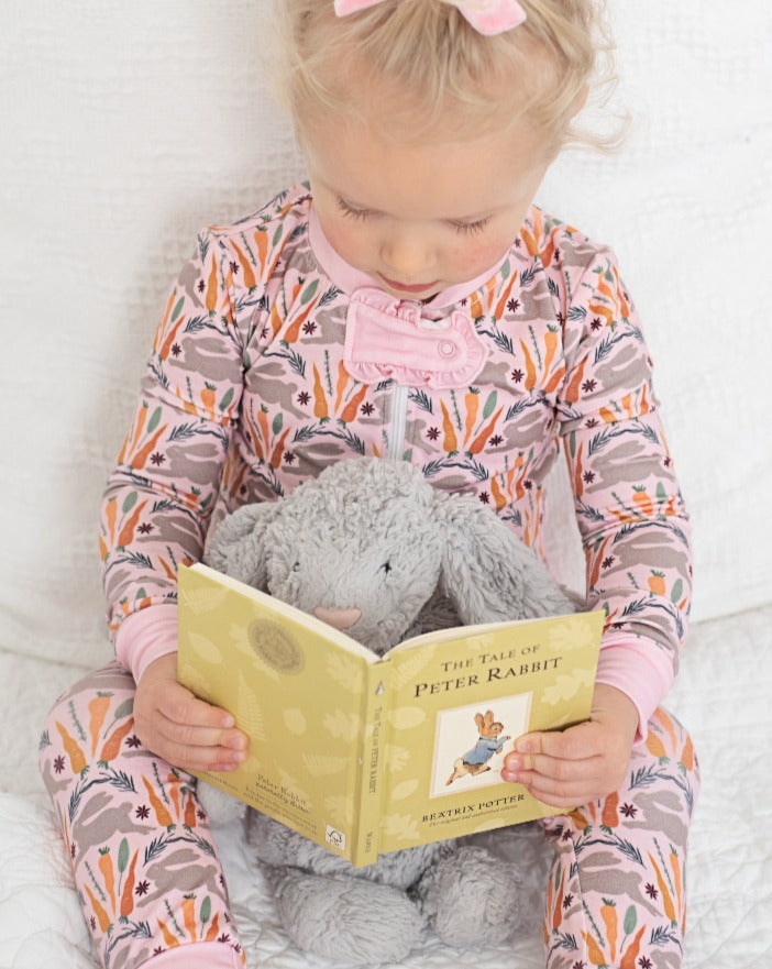 Spring Bunnies Pink Pima Cotton Zip Up Pajamas-FINAL SALE Smockingbird