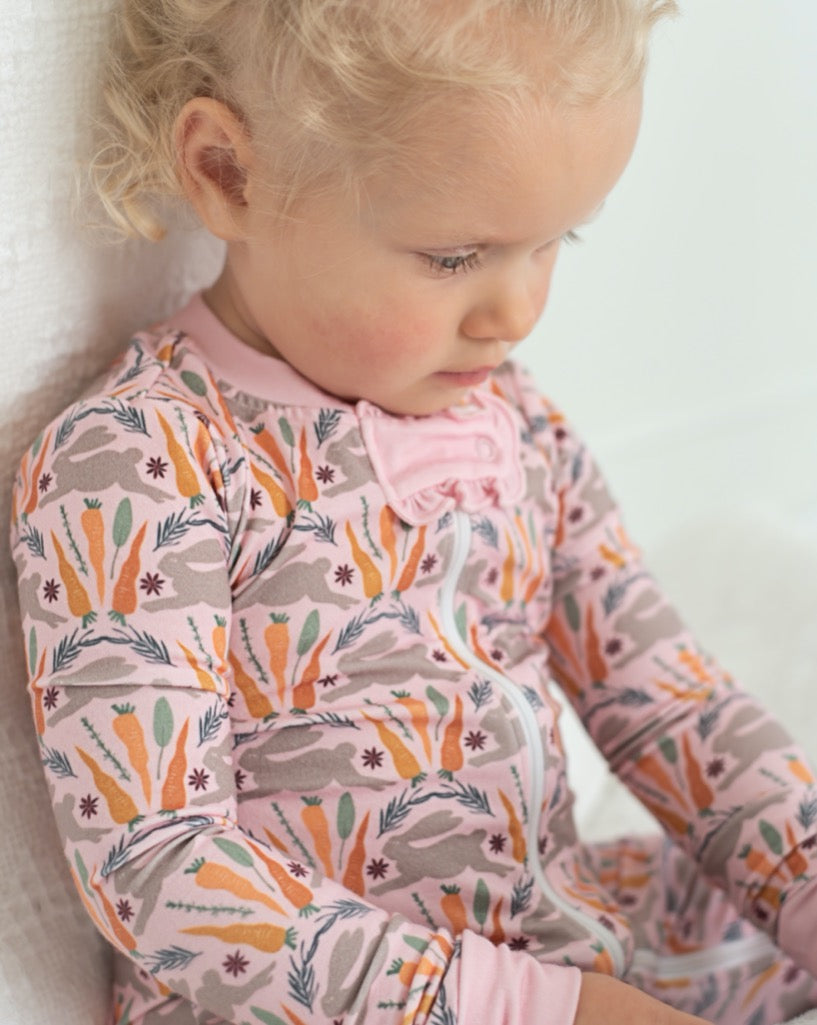 Spring Bunnies Pink Pima Cotton Zip Up Pajamas-FINAL SALE Smockingbird